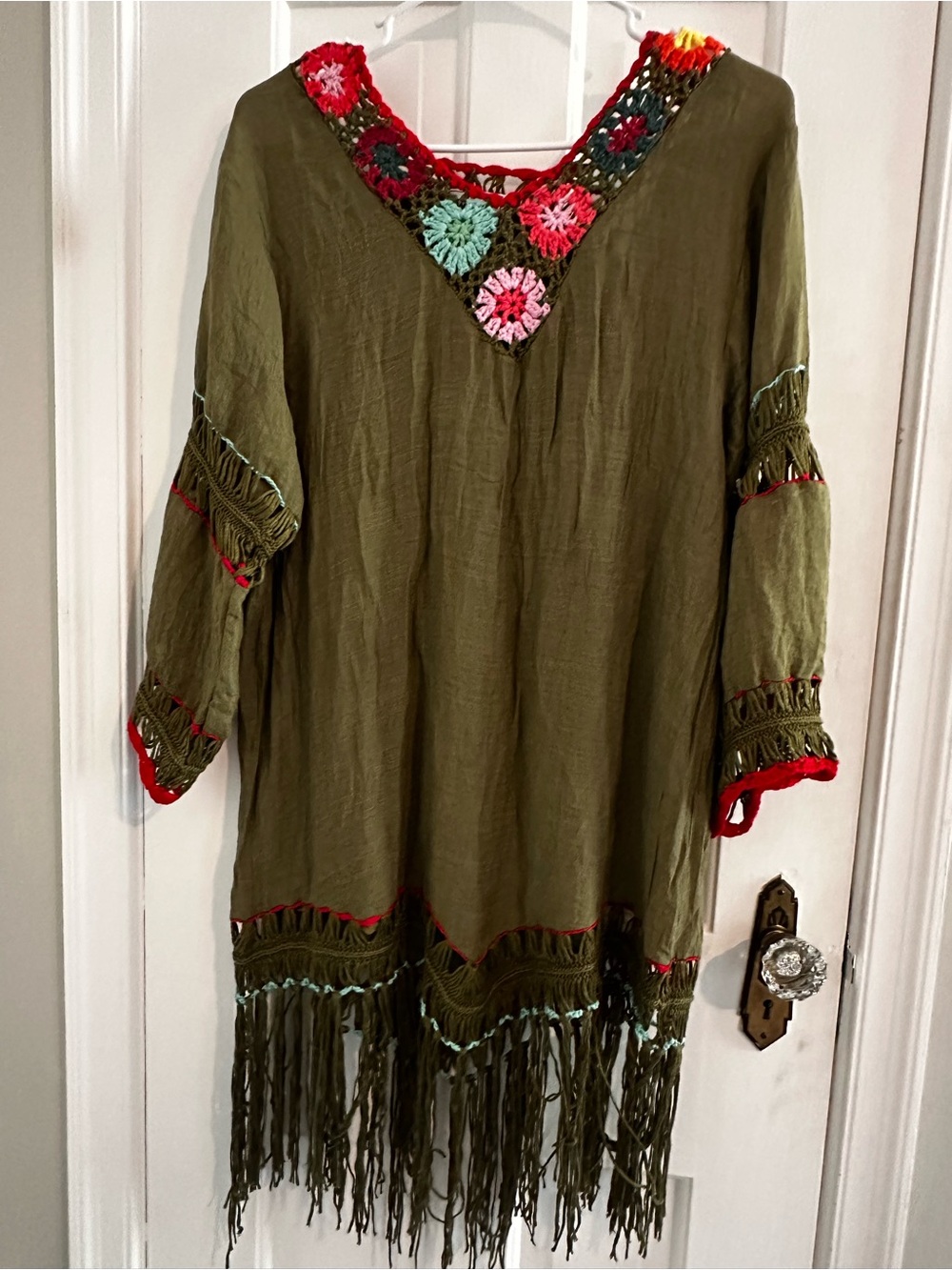 WOWO Bohemian Olive Green Fringe Tunic with Crochet Accents - Picture 3 of 9